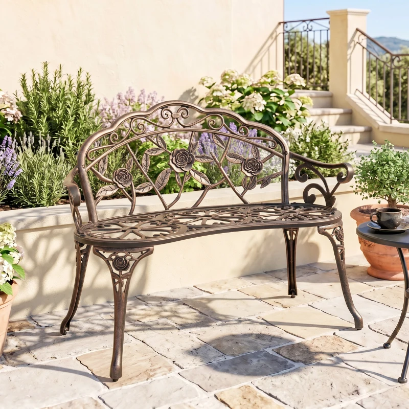 Outsunny 40" Outdoor Garden Bench, Cast Aluminum Antique Rose Style Patio Garden Park Loveseat Bench for Backyard, Porch, Balcony, Lawn, Bronze