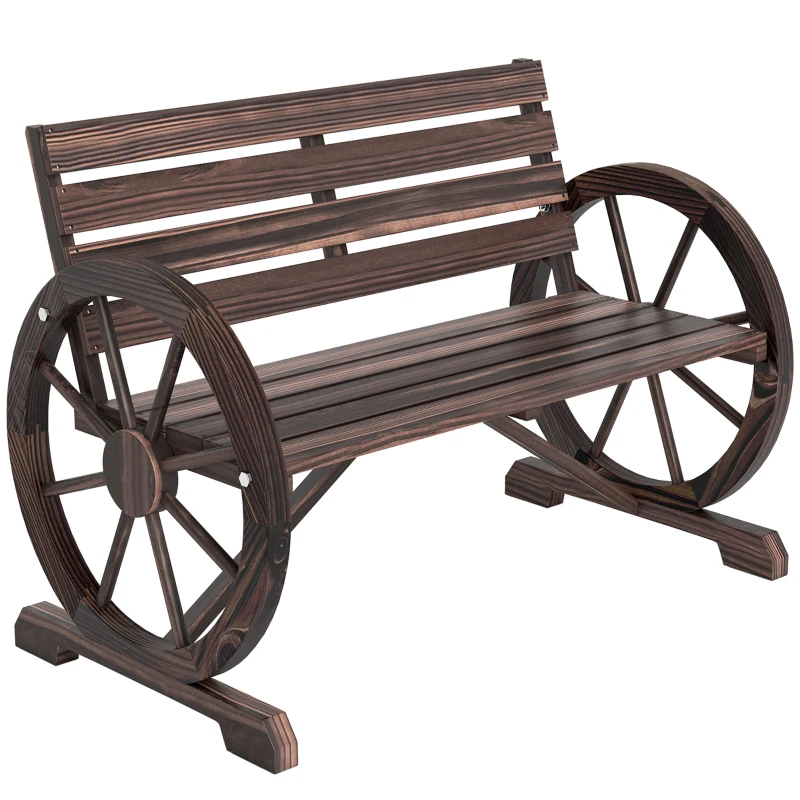 Outsunny 42" Wood Wagon Wheel Bench Garden Loveseat Rustic Seat Relaxing Lounge Chair Outdoor Decorative Seat Park Decor, Brown