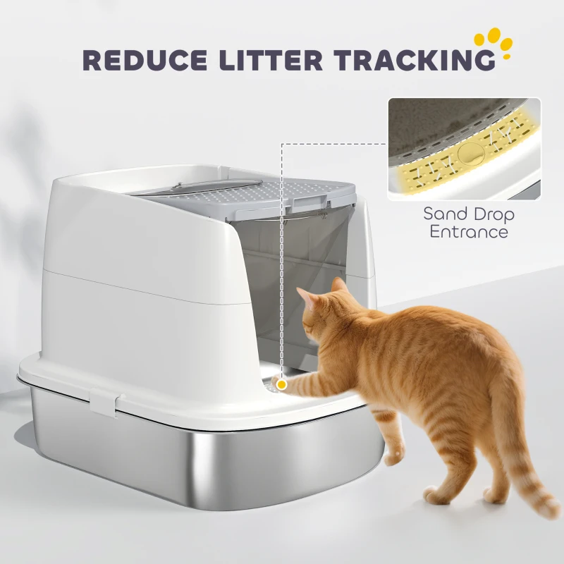 PawHut Large Stainless Steel Litter Box, Enclosed Metal Cat Litter Tray with Scoop, Deodoriser Bag, Front-Entry and Top-Exit