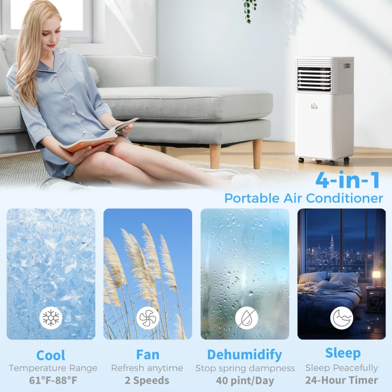 HOMCOM 8000 BTU Mobile Air Conditioner for Cooling and Dehumidifying, Remote Control, 24H Timer, LED Display, White