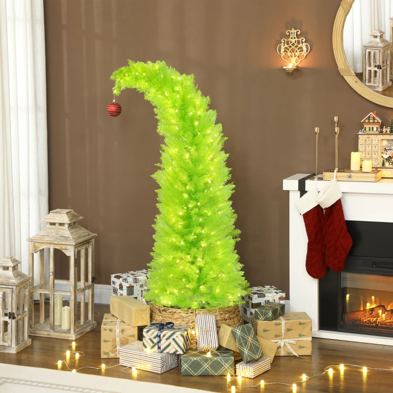 HOMCOM 5 ft Whimsical Christmas Tree, Pencil Xmas Tree with Red Ball, Metal Base, Prelit with 200 LED Lights