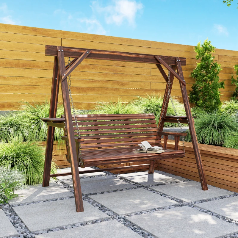 Outsunny 3 Seat Wooden Porch Swing with Stand, Patio Swing with Side Tables, for Garden, Poolside, Backyard, Carbonized Brown