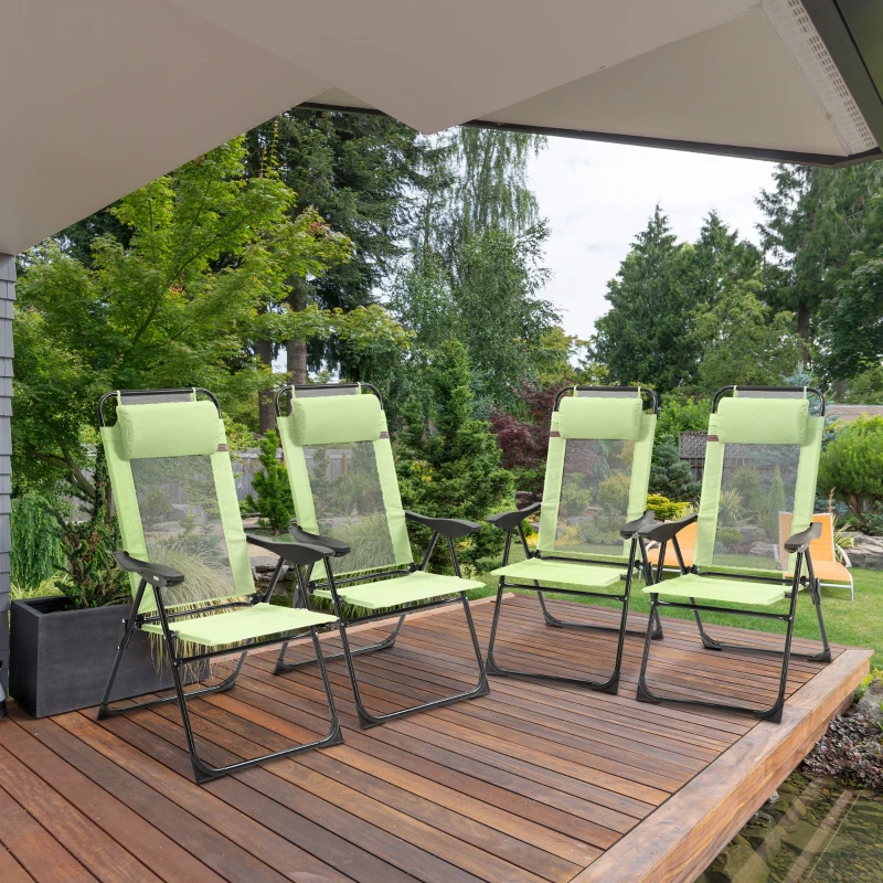 Outsunny Set of 4 Folding Patio Chairs, Camping Chairs with Adjustable Sling Back, Removable Headrest, Armrest for Garden, Backyard, Lawn, Light Green