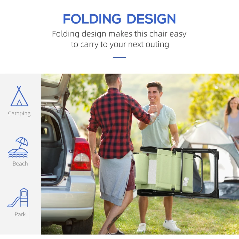 Outsunny Set of 4 Folding Patio Chairs, Camping Chairs with Adjustable Sling Back, Removable Headrest, Armrest for Garden, Backyard, Lawn, Light Green