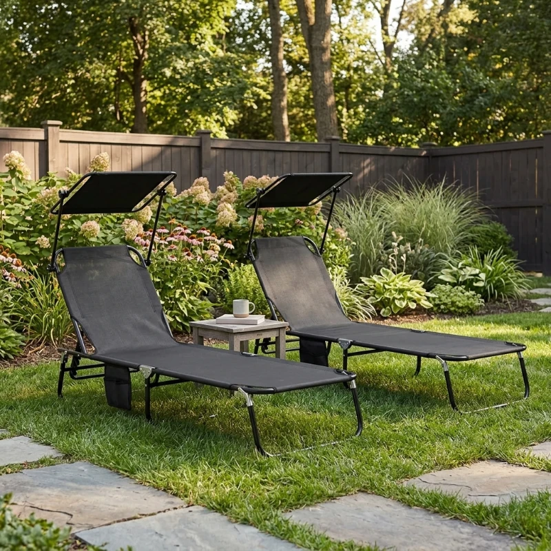 Outsunny Chaise Pool Lounge Chairs Set of 2, Outdoor Sun Tanning Chairs, Reclining Back, Steel Frame and Side Pocket, Black