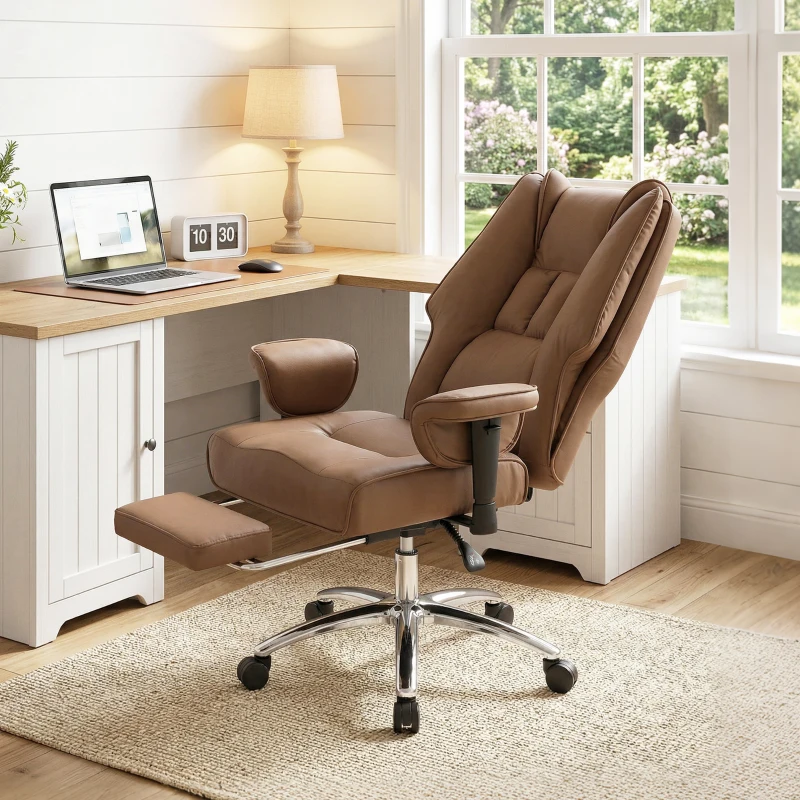 HOMCOM Ergonomic Office Chair, High Back Reclining Desk Chair with Adjustable Armrests, Pet Friendly Faux Leather, Brown