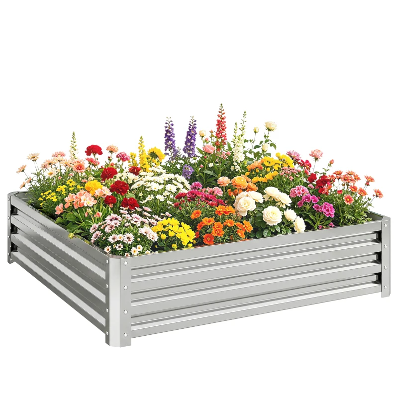 Outsunny 4' x 4' x 1' Galvanized Raised Garden Bed, Metal Garden Box with Open Bottom, Easy Assembly Outdoor Planter Box for Vegetables Flowers Herbs, Silver