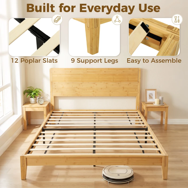 HOMCOM Queen Size Bamboo Platform Bed Frame with Headboard and 12 Poplar Slats, No Box Spring Needed, Easy Assembly, Natural