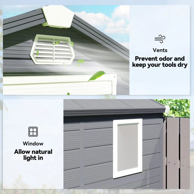 Outsunny 4.5' x 6' Plastic Garden Storage Shed with Latch Door, Vents, Sloped Roof, Dark Grey