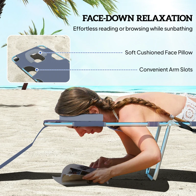 Outsunny Tanning Chair with Face Hole, 5-Level Adjustable Outdoor Chaise Lounge Chair with Pillow for Beach, Pool, Gray