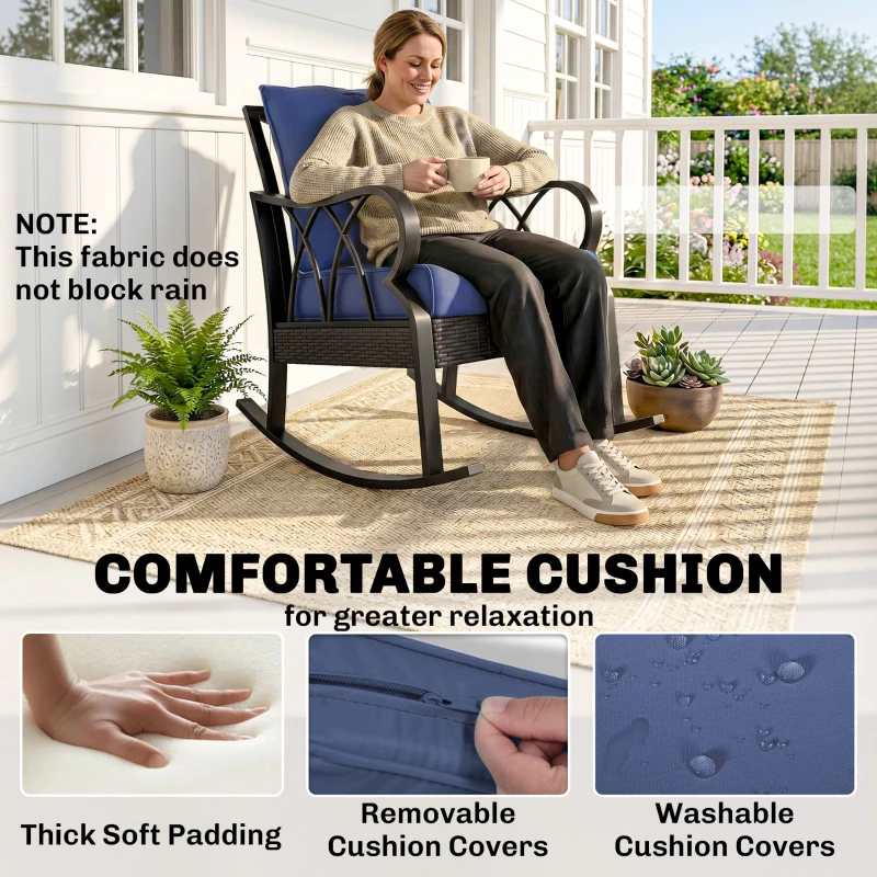 Outsunny Outdoor Wicker Rocking Chair with Padded Cushions, Aluminum Furniture, Rattan Porch Rocker Chair w/ Armrest, Navy Blue