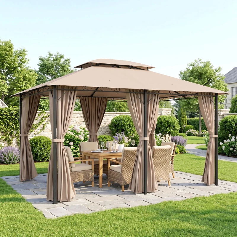 Outsunny 10' x 13' Patio Gazebo, Outdoor Gazebo Canopy Shelter with Curtains, Vented Roof, Steel Frame for Garden, Lawn, Backyard and Deck, Khaki(m-2)