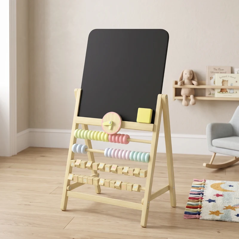 Qaba Wooden Kids Art Easel with Double-Sided Chalkboard, Clock, Abacus, Blackboard Eraser for Painting, for Ages 2+, Natural