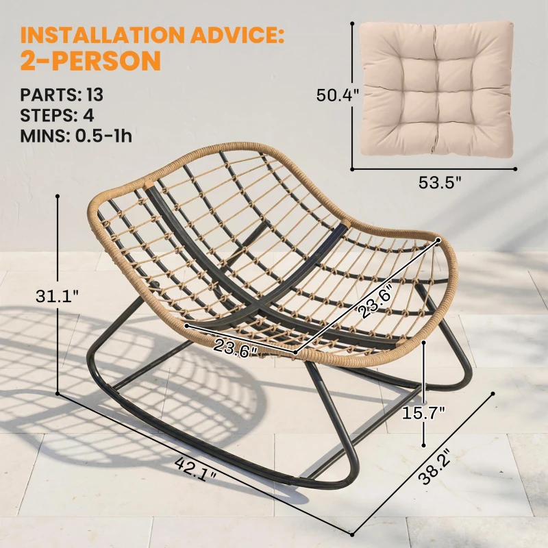 Outsunny Indoor Outdoor Papasan Rocking Chair, Oversized Rocking Egg Chair with Cushion for Garden, Patio, Cream White