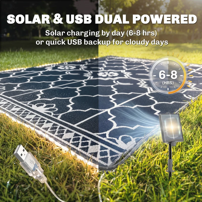 Outsunny Reversible Outdoor Rug Carpet with LED Lights, 12' x 9' PP Straw Rug with Carry Bag and Ground Stakes