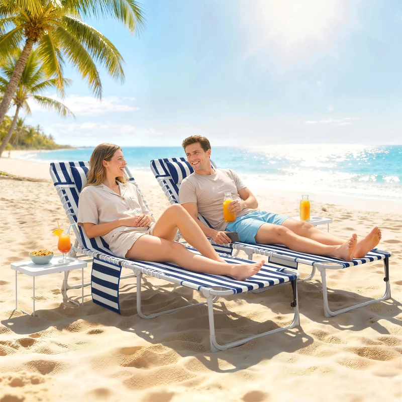 Outsunny Tanning Chair Set of 2 with Face Hole and Side Table, 5-Position Folding Outdoor Chaise Lounge Chair, Blue and White