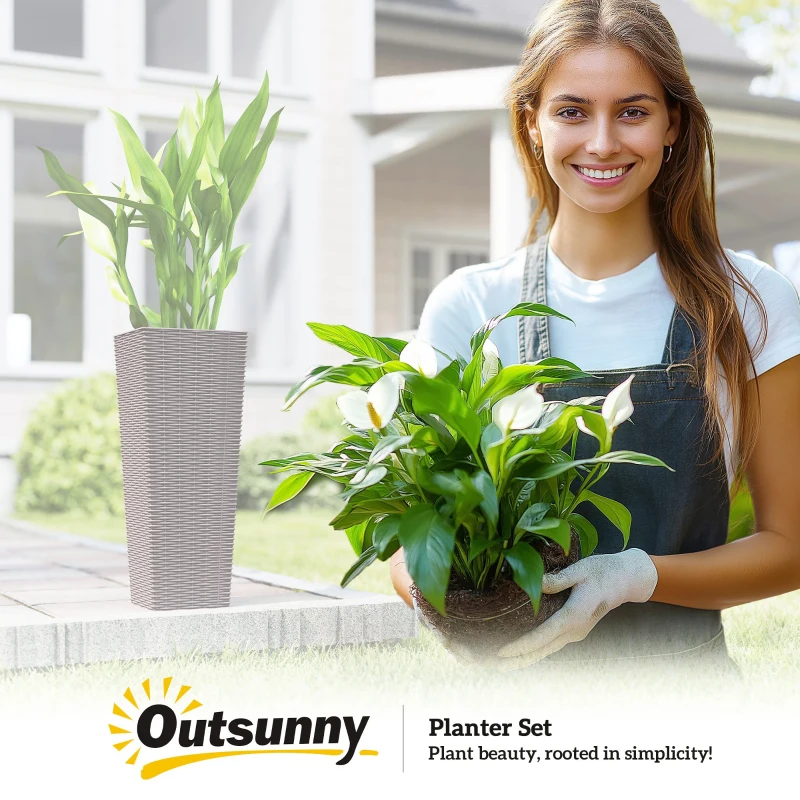 Outsunny 23.6 Inch Tall Planters for Outdoor Plants, Set of 2 Plastic Flower Pots with Drainage Holes, Brown