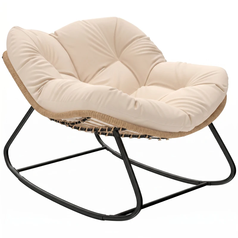 Outsunny Indoor Outdoor Papasan Rocking Chair, Oversized Rocking Egg Chair with Cushion for Garden, Patio, Cream White