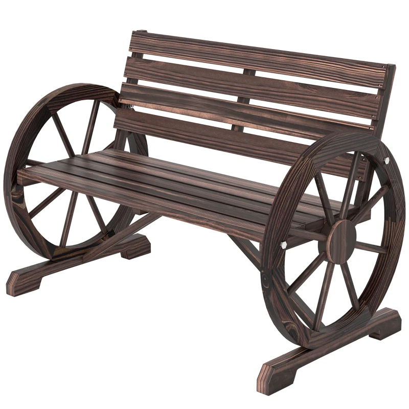 Outsunny 42" Wood Wagon Wheel Bench Garden Loveseat Rustic Seat Relaxing Lounge Chair Outdoor Decorative Seat Park Decor, Brown