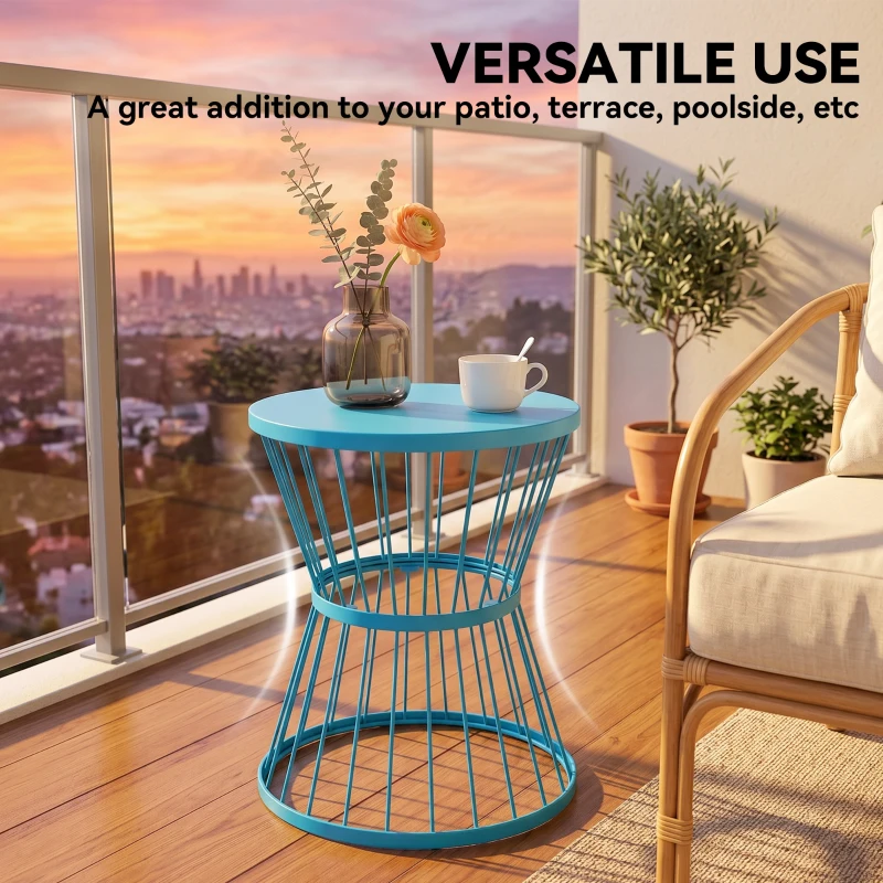 Outsunny 16" Patio Side Table, Garden End Table with Hourglass Design, Steel Accent Table for Outdoor and Indoor Use, Blue