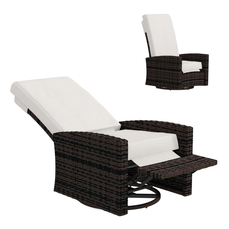 Outsunny Outdoor Wicker Swivel Recliner Chair, Lifting Footrest, 360° Rotating Basic, Water-resistant Cushions, Khaki