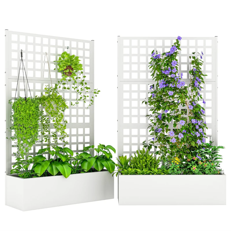 Outsunny Galvanized Raised Garden Bed Planter Box with Trellis for Climbing Plants, Vegetable, Vines, 43" x 16" x 70", White