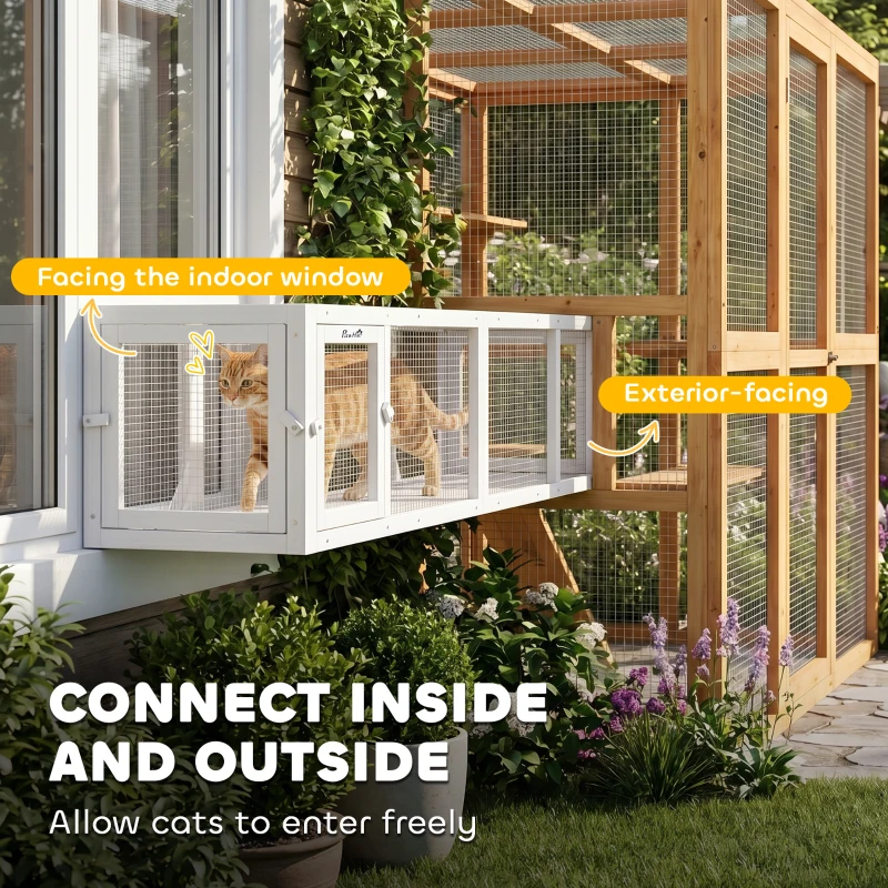 PawHut Wooden Cat Run with Weather Protection, Connecting Inside and Outside, 79"L x 15"W x 15"H, White