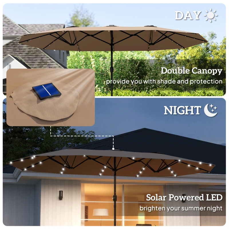 Outsunny Garden Parasol 14.4 ft. Double-Sided Sun Umbrella with Base, Patio Parasol with LED Solar Lights, Khaki