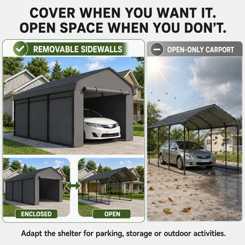 Outsunny 10' x 15' Metal Carport, Heavy Duty Garage Car Canopy with Galvanized Metal Roof and Removable Sidewalls, Dark Gray