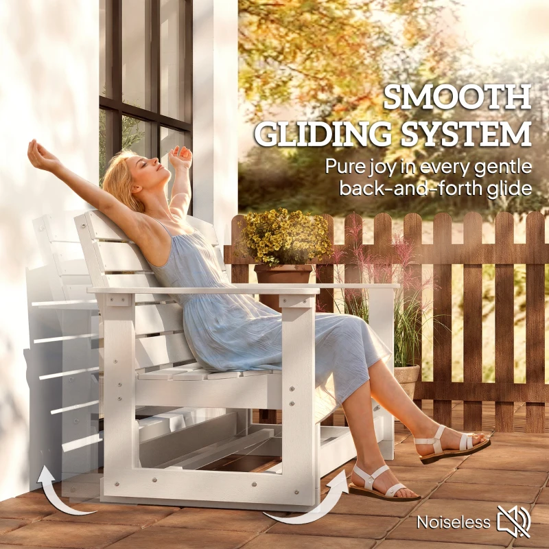Outsunny Patio Glider Bench w/ HDPE Slatted Double Rocking Chair, White