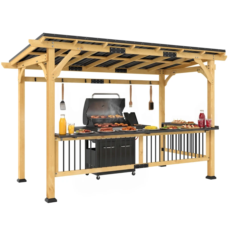 Outsunny 13' x 6' Wooden BBQ Grill Gazebo, Outdoor Hardtop Grill Gazebo with Metal Roof, 2 Bar Shelves and 6 Hooks, Natural
