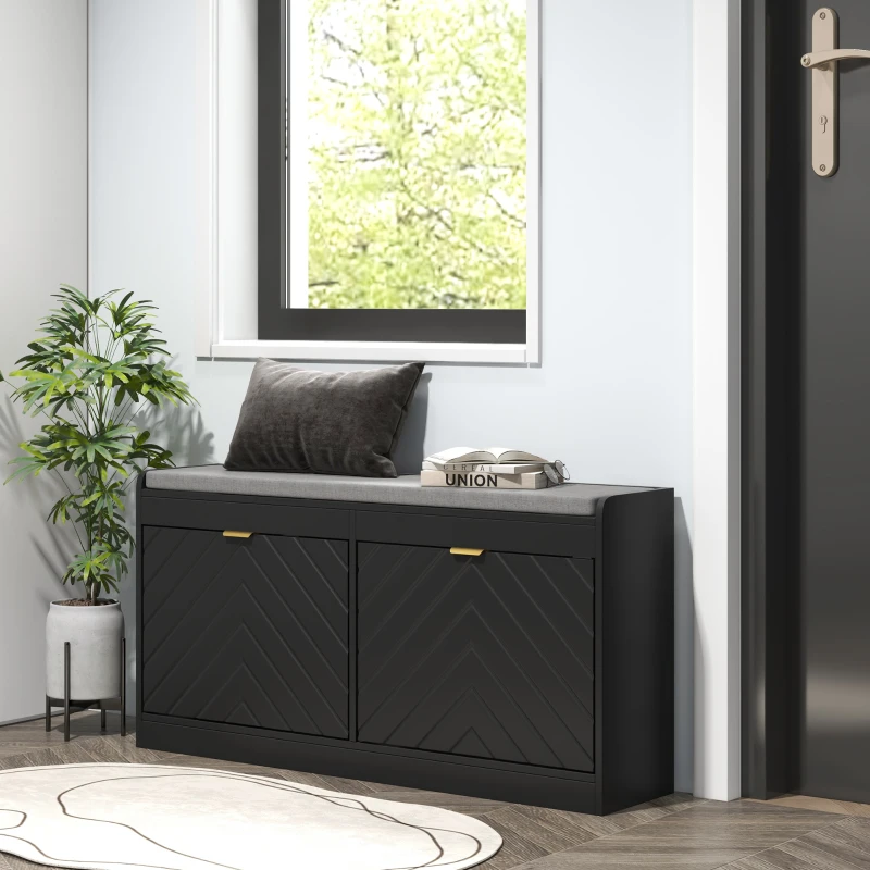 HOMCOM Narrow Storage Bench, Upholstered Entry Way Bench, Shoe Rack Bench with 2 Flip Drawers, 2 Vents for 8 Pairs of Shoes