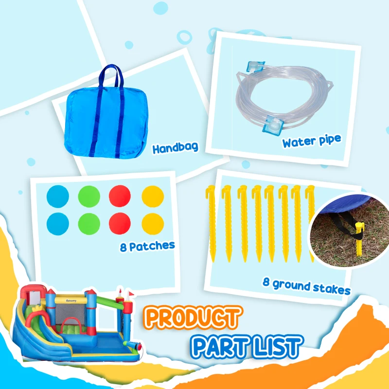 Outsunny 6-in-1 Inflatable Water Slide with Splash Pool, Slide, Climbing Wall, Water Cannon, Inflatable Bounce House for Kids with 2 Min. Inflation