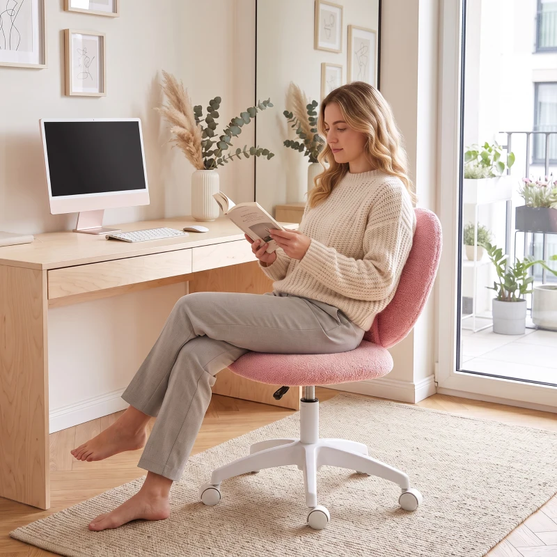 HOMCOM Armless Computer Desk Chair, Office Task Chair, Teddy Fleece Heart Makeup Vanity Chair with Swivel Wheels, Pink