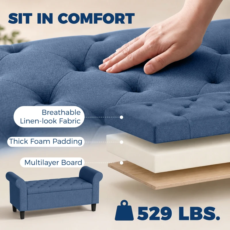 HOMCOM 47" Storage Ottoman Bench, Tufted End of Bed Bench with Rolled Arms, Safety Hinge, Wood Legs for Bedroom, Blue