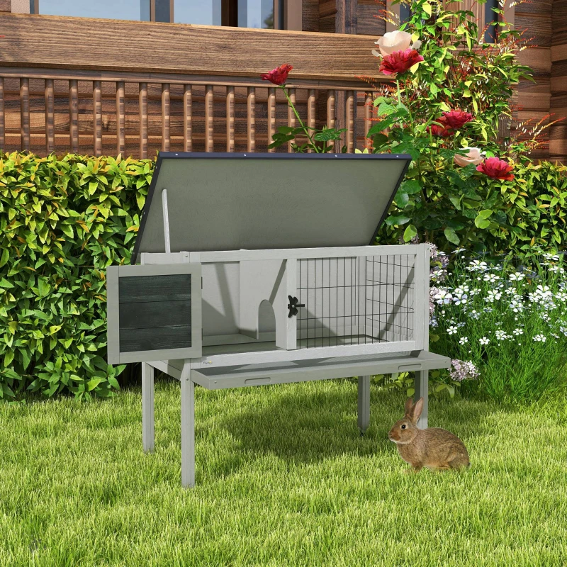 PawHut Elevated Rabbit Hutch, Wooden Bunny Cage with Hinged Asphalt Roof and Removable Tray, for Indoor/Outdoor, Gray