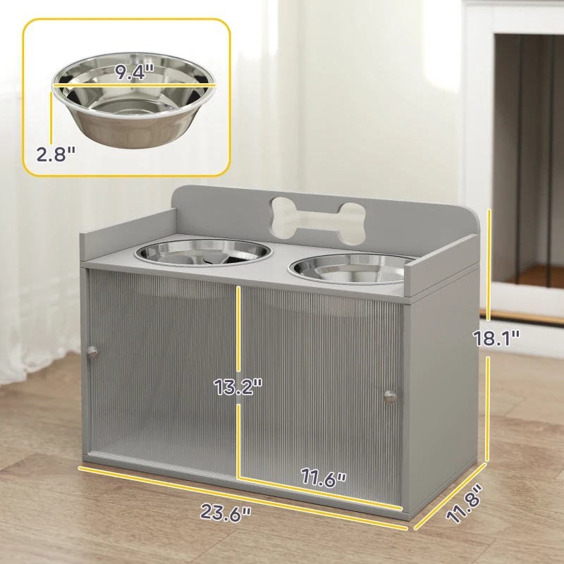 PawHut Elevated Dog Bowls with Storage, Raised Dog Bowl Stand with 2 Stainless Steel Bowl for Large Dogs, Gray