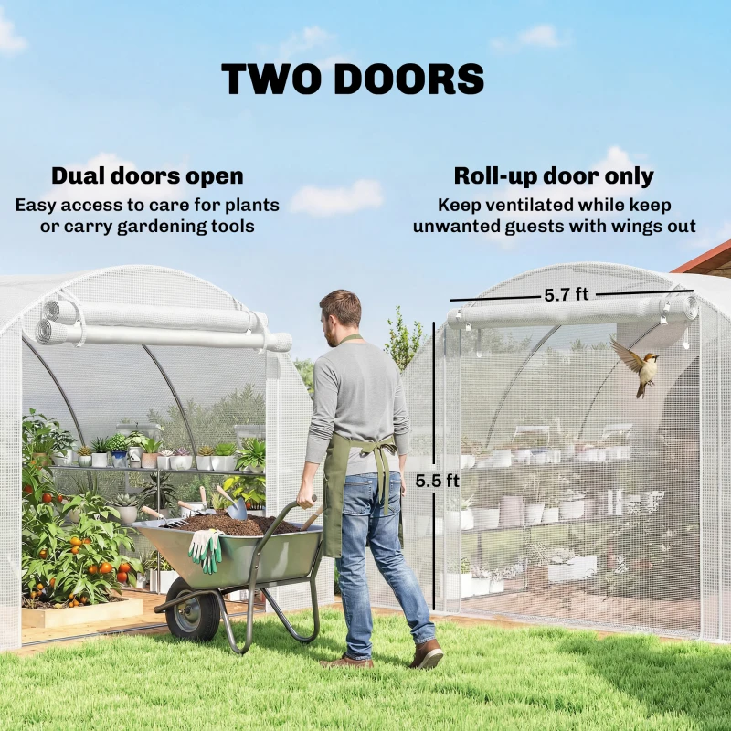 Outsunny 10'x11'x6' Walk-in Tunnel Greenhouse with Shelves, Mesh Door and Windows, Hoop House Greenhouse with PE Cover, White