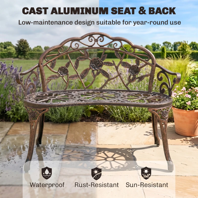 Outsunny 40" Outdoor Garden Bench, Cast Aluminum Antique Rose Style Patio Garden Park Loveseat Bench for Backyard, Porch, Balcony, Lawn, Bronze