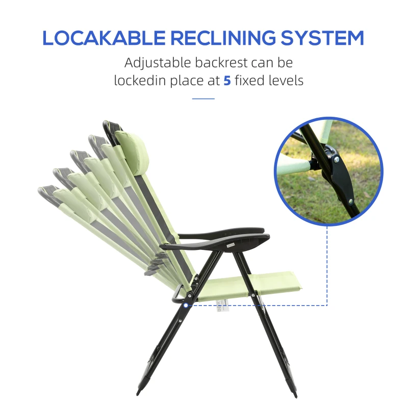 Outsunny Set of 4 Folding Patio Chairs, Camping Chairs with Adjustable Sling Back, Removable Headrest, Armrest for Garden, Backyard, Lawn, Light Green