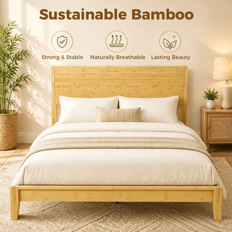 HOMCOM Queen Size Bamboo Platform Bed Frame with Headboard and 12 Poplar Slats, No Box Spring Needed, Easy Assembly, Natural