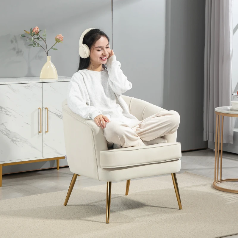 HOMCOM Fabric Armchair, Modern Accent Chair with Gold Metal Legs for Living Room, Bedroom, Home Office, Cream White