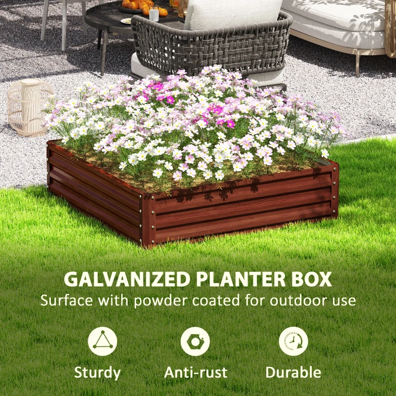 Outsunny 4' x 4' x 1' Raised Garden Bed Galvanized Steel Planter Box for Vegetables, Flowers, Herbs, Dark Brown Wood Effect