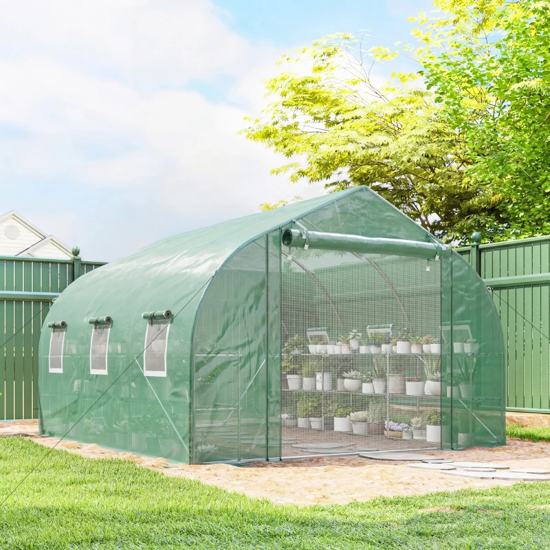 Outsunny 10'x11'x6' Walk-in Tunnel Greenhouse with Shelves, Mesh Door and Windows, Plant Hot House with PE Cover, Green