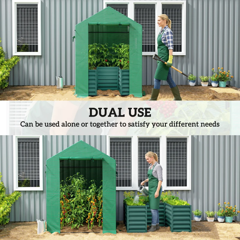 Outsunny Greenhouse with Raised Garden Bed, Galvanized Steel Outdoor Greenhouse with Roll Up Door, 56" x 56" x 75", Green