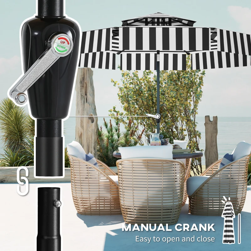 Outsunny 8.6FT Patio Umbrella, UPF 30+ Outdoor Market Umbrella, 2-Tier Vented Patio Table Umbrella with Crank 8 Ribs, Tiltable Porch Umbrella for Garden Deck Poolside, Black