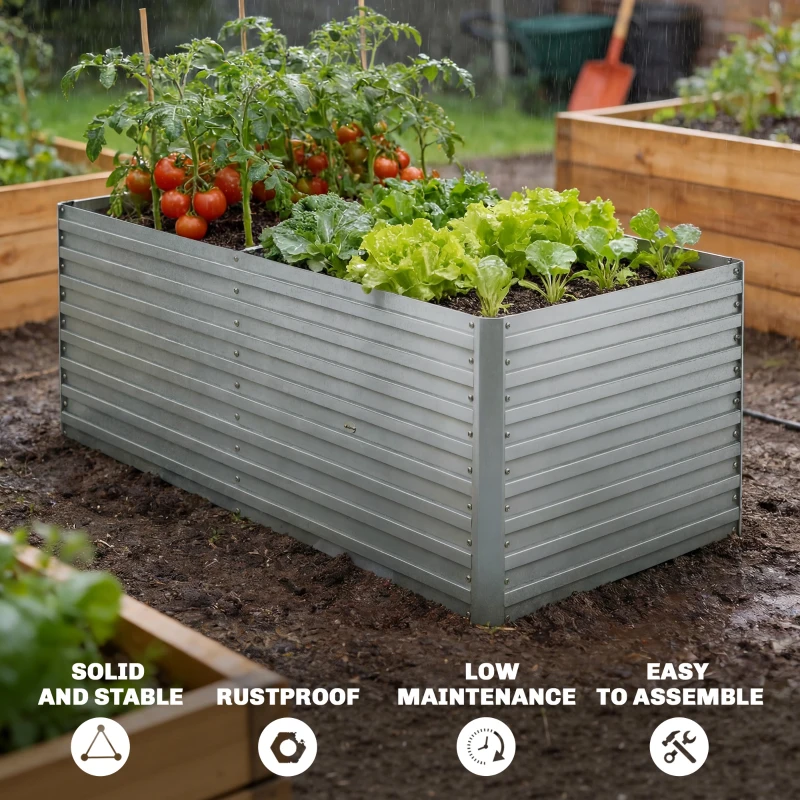 Outsunny Galvanized Raised Garden Bed, Outdoor Planter Box for Vegetables, Flowers, Herbs, 5' x 3' x 2', Silver