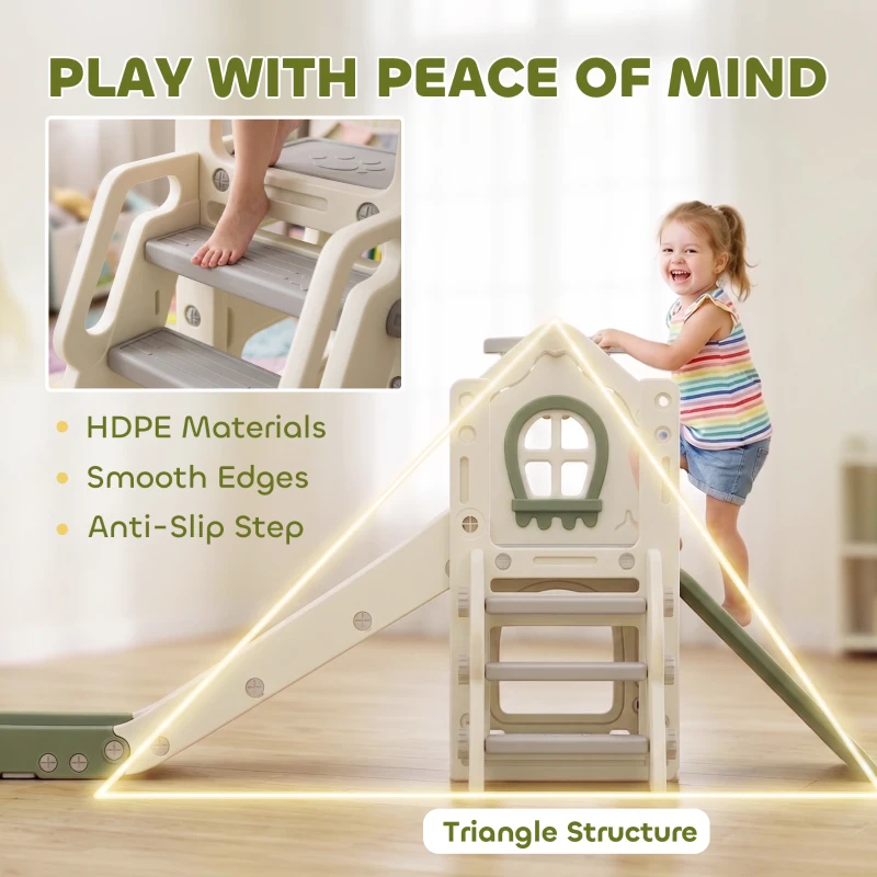 Qaba Foldable 5 in 1 Toddler Slide with Ladder, Climbing Wall, Basketball Hoop, Storage and Basketball for 1-3 Years, Cream