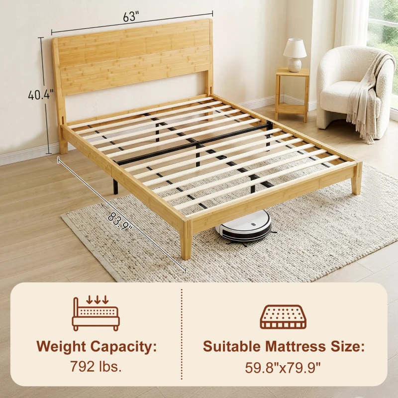 HOMCOM Queen Size Bamboo Platform Bed Frame with Headboard and 12 Poplar Slats, No Box Spring Needed, Easy Assembly, Natural