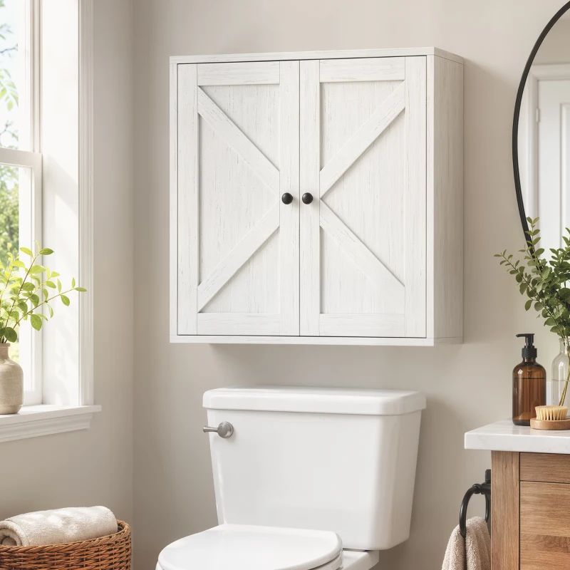 HOMCOM Bathroom Wall Cabinet, Farmhouse Bathroom Cabinet Wall Mount with 2 Shelves, White Wood Grain